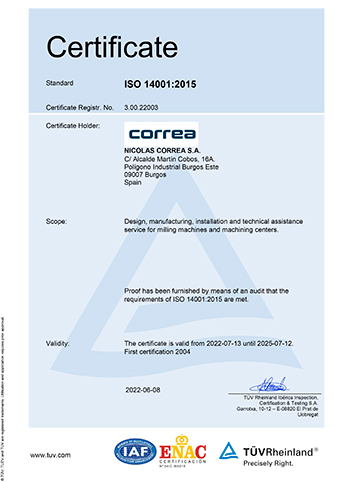 NICOLAS CORREA, S.A. is in accordance with the requirements of the standard ISO 14001:2015